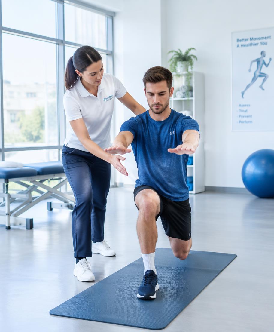Fisioterapeuta guiando a un deportista en un ejercicio correctivo